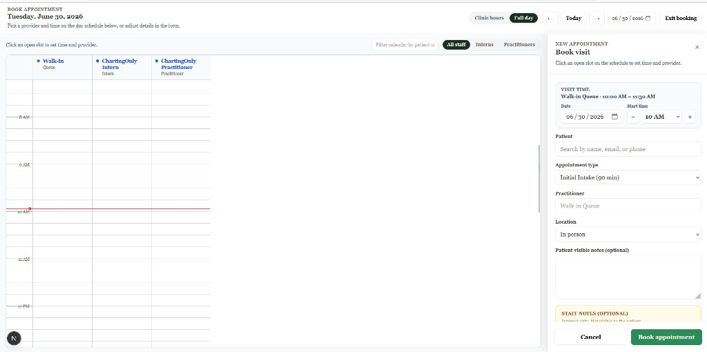 RootRx appointment scheduling with day view and book visit panel