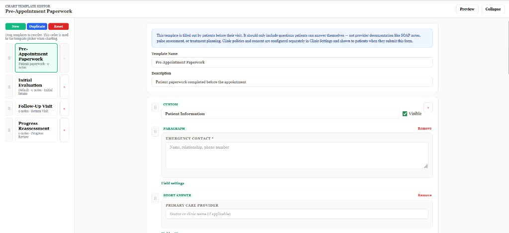 RootRx chart template editor with visit types and customizable intake fields
